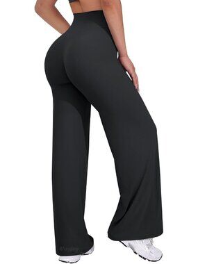 Women's Black High Waist Stretch Casual Straight Bottoms Wide Leggings